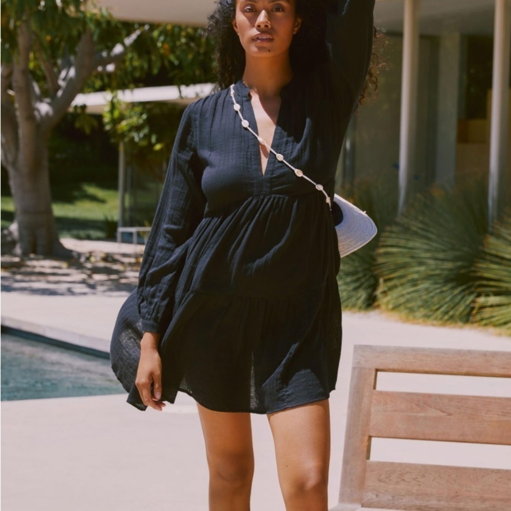 MAEVE by anthropology mini dress black long sleeve light weight vacation holiday